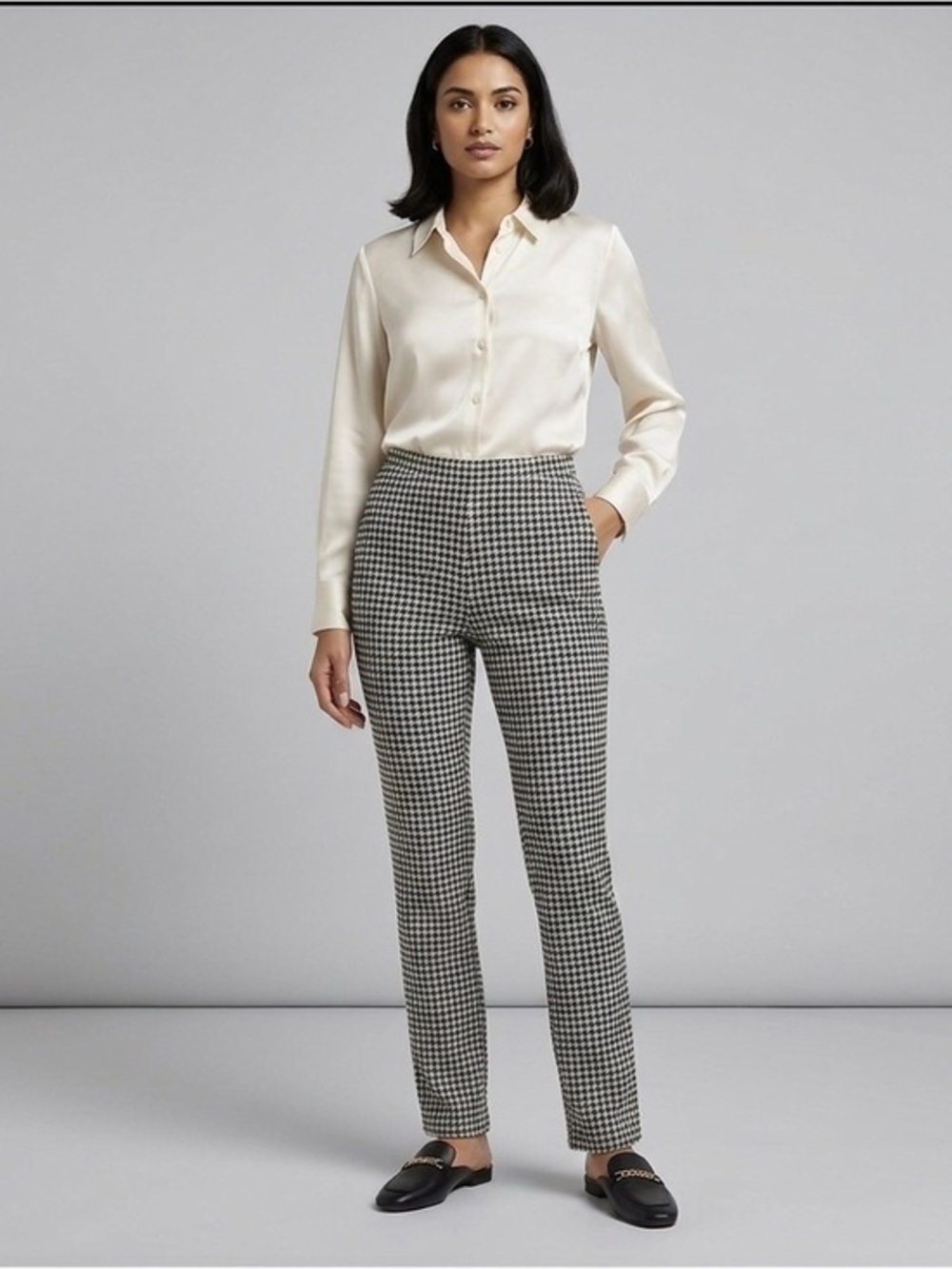 NWT Lands End Women’s Medium Black Houndstooth High Rise Straight Trouser Pant M